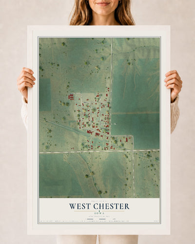 Map of West Chester, Iowa, 24 x 36 inch print in a white wood frame