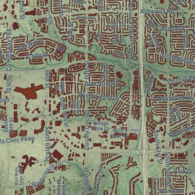 Close-up of the map of West Des Moines, Iowa print showing street and building detail