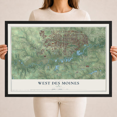 Map of West Des Moines, Iowa, 18 x 24 inch print in a black wood frame