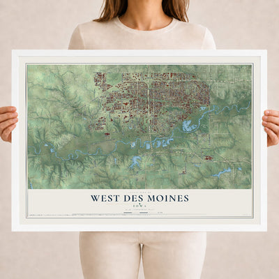 Map of West Des Moines, Iowa, 18 x 24 inch print in a white wood frame