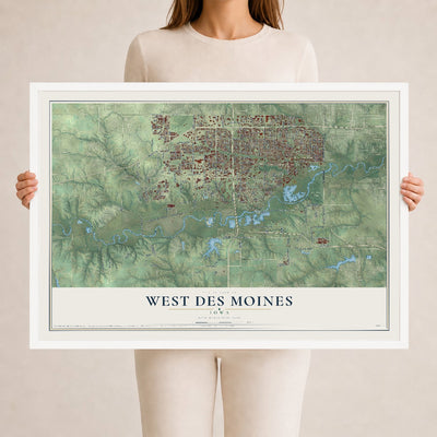 Map of West Des Moines, Iowa, 24 x 36 inch print in a white wood frame