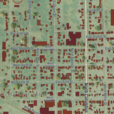 Close-up of the map of West Liberty, Iowa print showing street and building detail