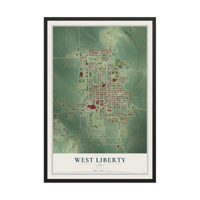 Map of West Liberty, Iowa, 12 x 18 inch print in a black wood frame