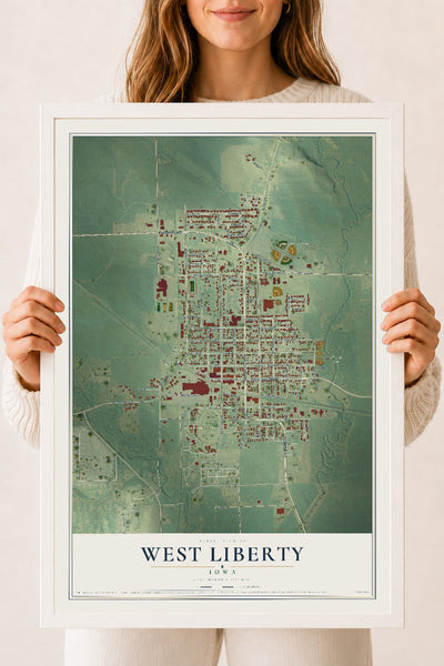 Map of West Liberty, Iowa, 18 x 24 inch print in a white wood frame