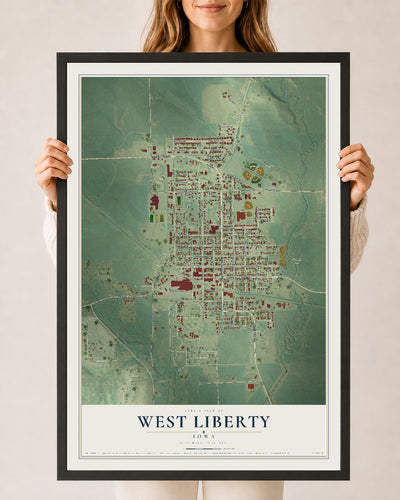 Map of West Liberty, Iowa, 24 x 36 inch print in a black wood frame