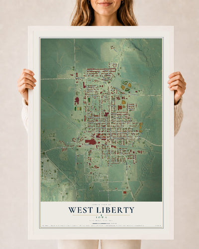 Map of West Liberty, Iowa, 24 x 36 inch print in a white wood frame