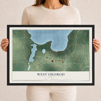 Map of West Okoboji, Iowa, 12 x 18 inch print in a black wood frame