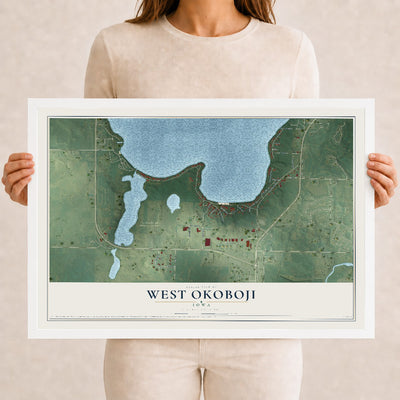 Map of West Okoboji, Iowa, 12 x 18 inch print in a white wood frame