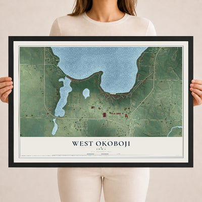 Map of West Okoboji, Iowa, 18 x 24 inch print in a black wood frame