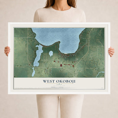 Map of West Okoboji, Iowa, 24 x 36 inch print in a white wood frame