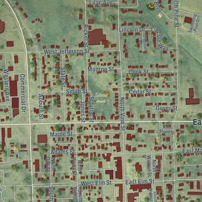 Close-up of the map of West Union, Iowa print showing street and building detail
