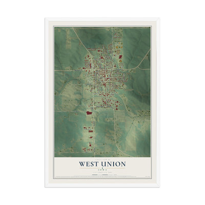 Map of West Union, Iowa, 12 x 18 inch print in a white wood frame