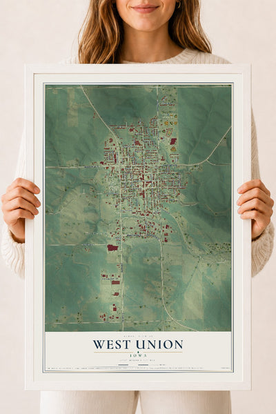 Map of West Union, Iowa, 18 x 24 inch print in a white wood frame