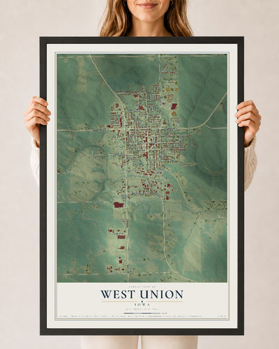 Map of West Union, Iowa, 24 x 36 inch print in a black wood frame