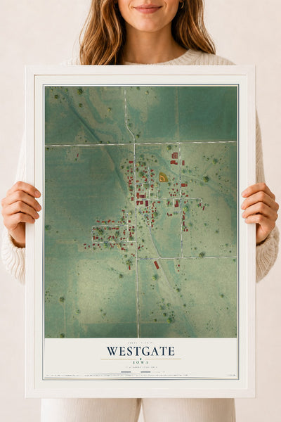 Map of Westgate, Iowa, 18 x 24 inch print in a white wood frame