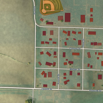 Close-up of the map of Westphalia, Iowa print showing street and building detail