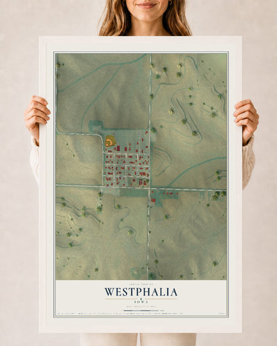 Map of Westphalia, Iowa, 24 x 36 inch print in a white wood frame