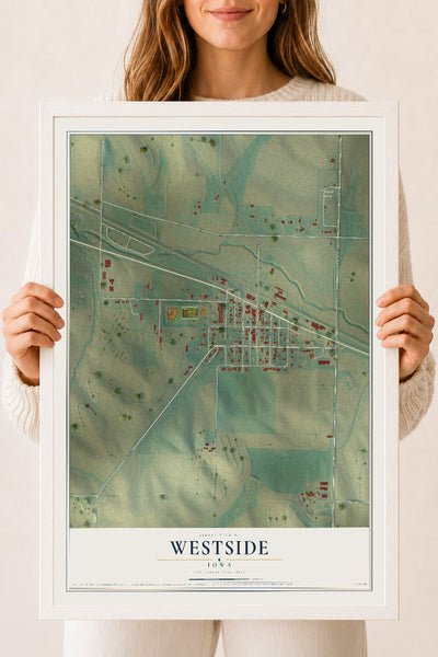 Map of Westside, Iowa, 18 x 24 inch print in a white wood frame