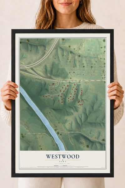Map of Westwood, Iowa, 18 x 24 inch print in a black wood frame