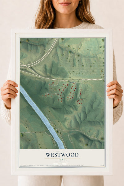 Map of Westwood, Iowa, 18 x 24 inch print in a white wood frame