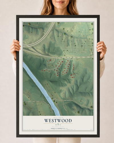 Map of Westwood, Iowa, 24 x 36 inch print in a black wood frame