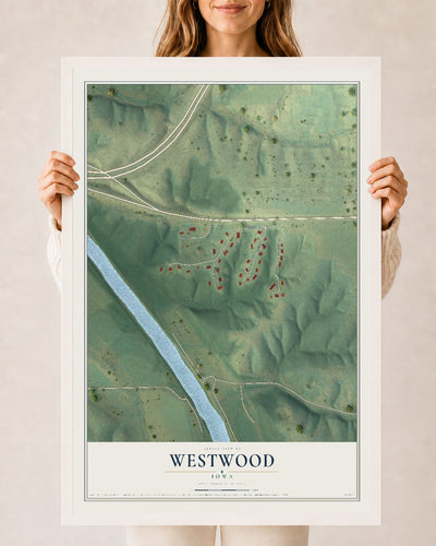 Map of Westwood, Iowa, 24 x 36 inch print in a white wood frame