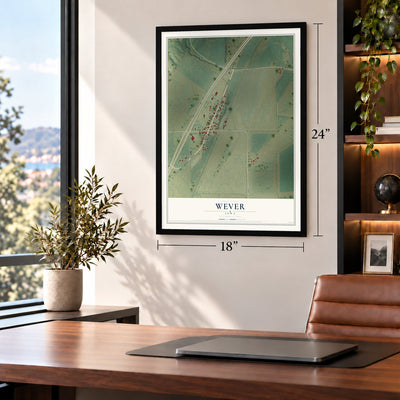 Wever, Iowa map, 18 x 24 inch print in a black frame in a home office