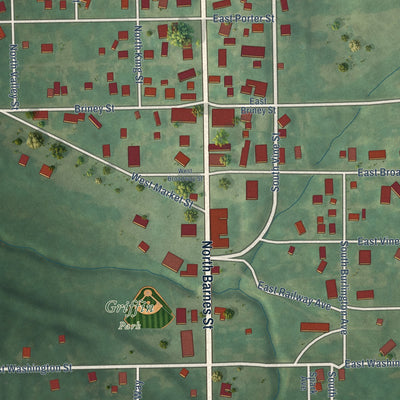 Close-up of the map of What Cheer, Iowa print showing street and building detail