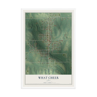 Map of What Cheer, Iowa, 12 x 18 inch print in a white wood frame