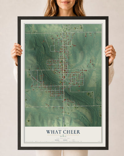 Map of What Cheer, Iowa, 24 x 36 inch print in a black wood frame