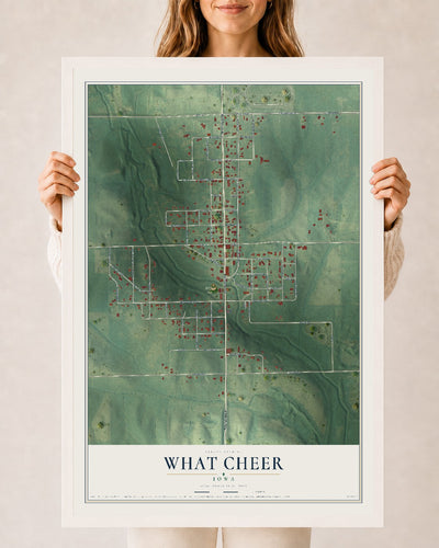 Map of What Cheer, Iowa, 24 x 36 inch print in a white wood frame