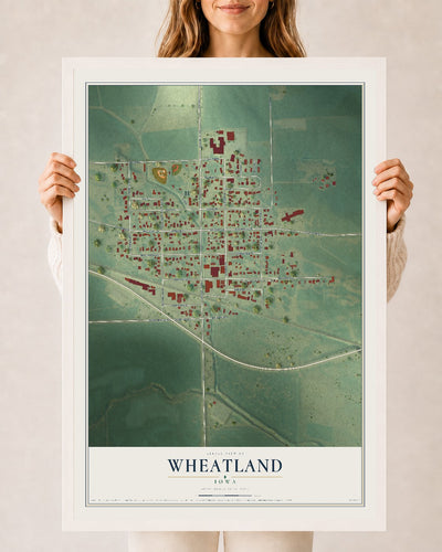 Map of Wheatland, Iowa, 24 x 36 inch print in a white wood frame