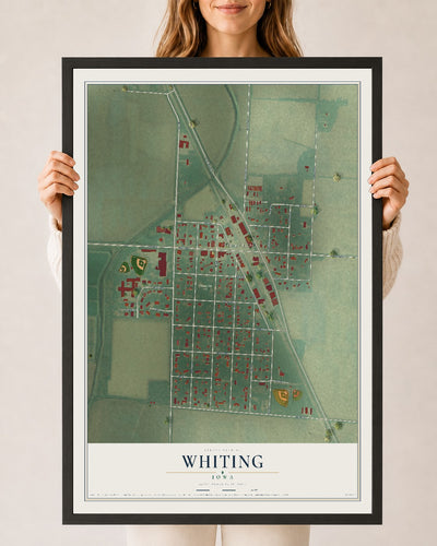 Map of Whiting, Iowa, 24 x 36 inch print in a black wood frame