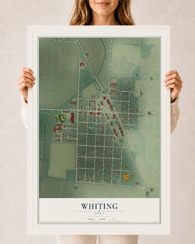 Map of Whiting, Iowa, 24 x 36 inch print in a white wood frame
