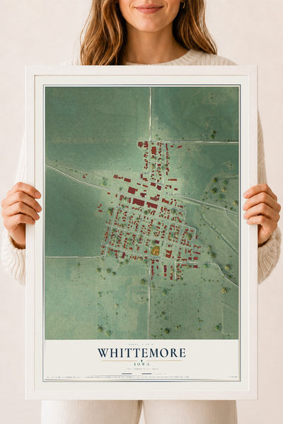 Map of Whittemore, Iowa, 18 x 24 inch print in a white wood frame