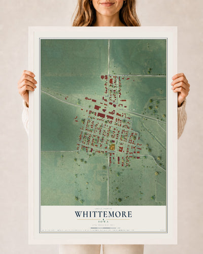 Map of Whittemore, Iowa, 24 x 36 inch print in a white wood frame