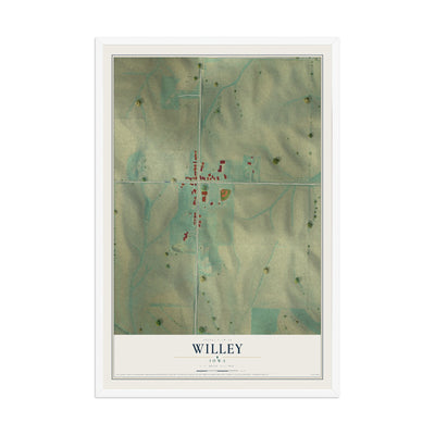 Map of Willey, Iowa, 12 x 18 inch print in a white wood frame