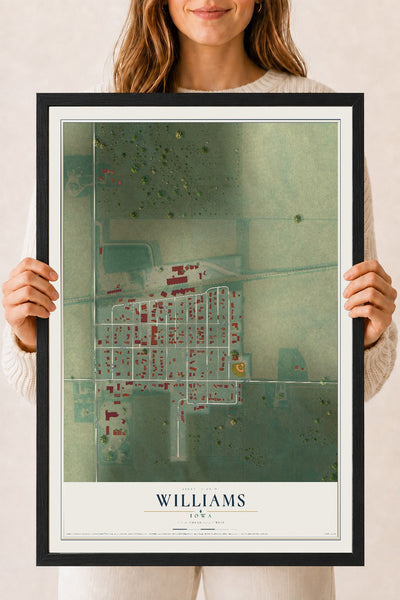 Map of Williams, Iowa, 18 x 24 inch print in a black wood frame