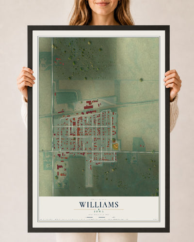 Map of Williams, Iowa, 24 x 36 inch print in a black wood frame