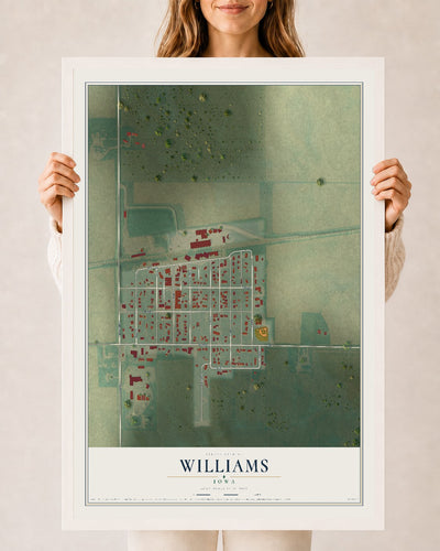 Map of Williams, Iowa, 24 x 36 inch print in a white wood frame