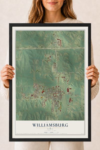 Map of Williamsburg, Iowa, 18 x 24 inch print in a black wood frame