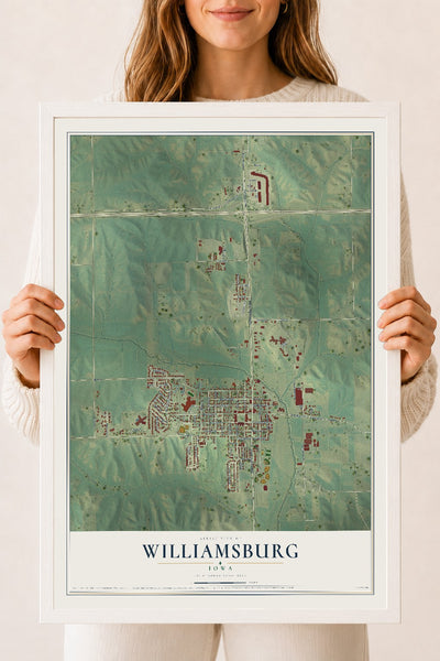 Map of Williamsburg, Iowa, 18 x 24 inch print in a white wood frame