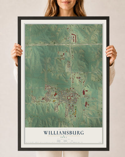 Map of Williamsburg, Iowa, 24 x 36 inch print in a black wood frame