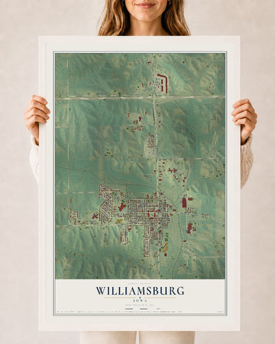 Map of Williamsburg, Iowa, 24 x 36 inch print in a white wood frame
