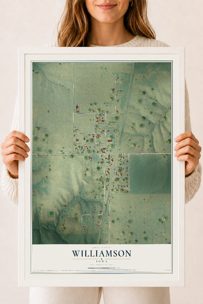 Map of Williamson, Iowa, 18 x 24 inch print in a white wood frame