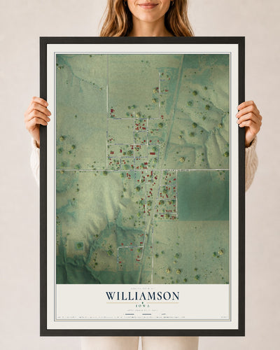 Map of Williamson, Iowa, 24 x 36 inch print in a black wood frame