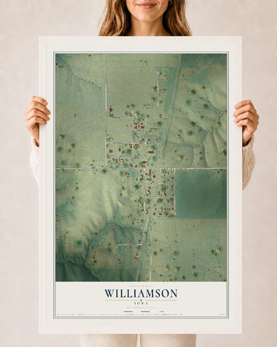 Map of Williamson, Iowa, 24 x 36 inch print in a white wood frame