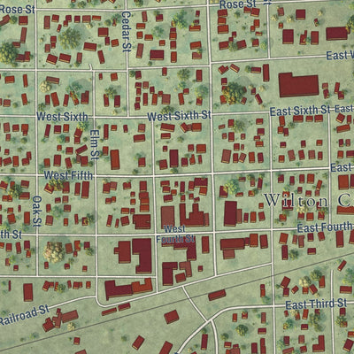 Close-up of the map of Wilton, Iowa print showing street and building detail