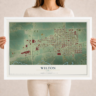Map of Wilton, Iowa, 18 x 24 inch print in a white wood frame