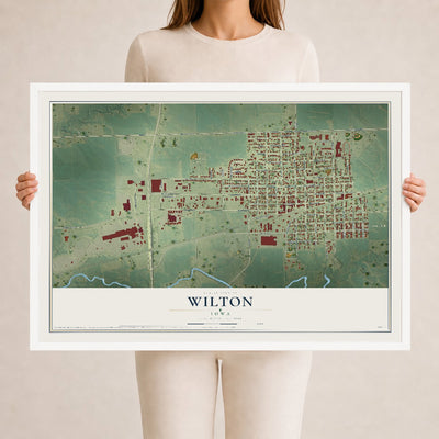 Map of Wilton, Iowa, 24 x 36 inch print in a white wood frame